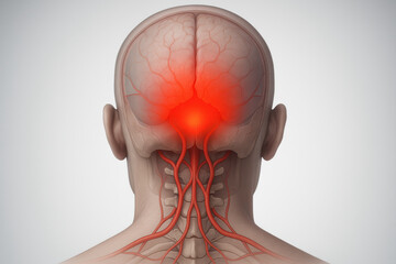 Posterior head view with red glow at occipital cortex and skull base, showing vertebral arteries and nerve roots to depict migraine with aura focused on visual zone and occipital brain region.