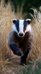 Badger Running Through Tall Grass Shallow Depth of Field