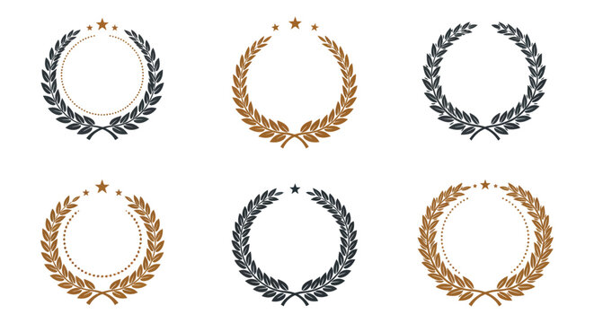 Collection of six oval laurel wreath frames in gold and silver colors on a white background