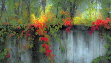 Vibrant autumn foliage cascading over a weathered stone wall.