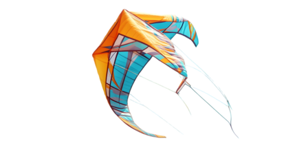 Close up view of a colorful kite flying against a black background on transparent background