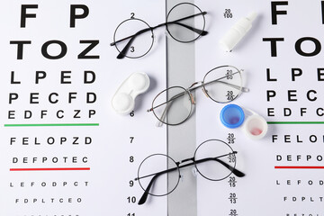 Vision test charts, glasses, lenses and bottle of medical drops on light grey background, flat lay