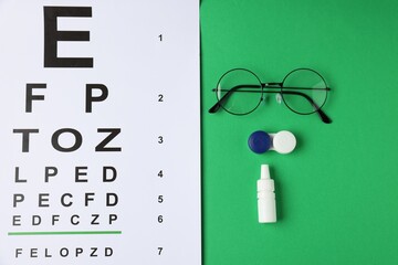 Vision test chart, glasses, bottle of medical drops and lenses on green background, flat lay
