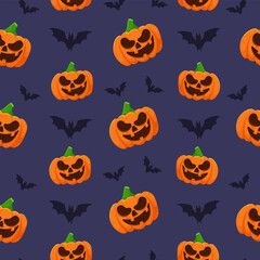 Seamless vector pattern with pumpkin and bat for Halloween. Fun and festive design on dark background is perfect for wrapping paper, holiday decorations, textiles and seasonal packaging.