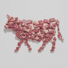 Pieces of raw beef are arranged in the shape of a cow, creatively highlighting the origin of meat products and sparking thought on food sourcing and consumption