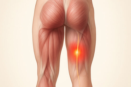 Posterior thigh anatomy with red glow at mid-thigh showing sciatic nerve compression between hamstring muscles, ideal for illustrating entrapment from scar tissue or hypertrophy in deep soft tissue.