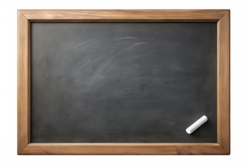 Empty chalkboard with a piece of chalk on the bottom right corner, isolated on a transparent background