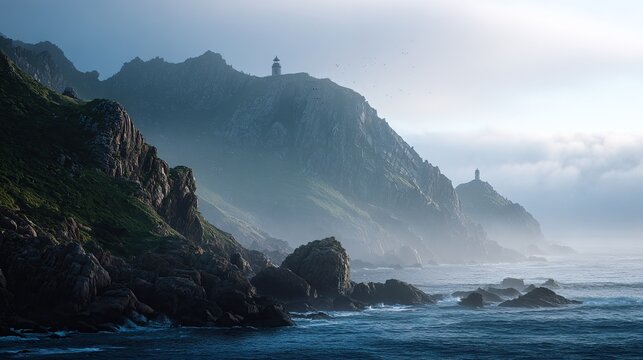 Coastal landscape shows rocky cliffs with lighthouses, waves crashing, and mist shrouding the distance