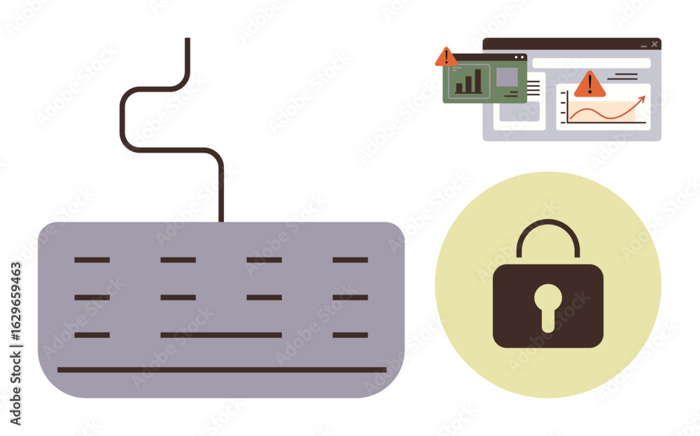 Poster keyboard connected to alerting dashboards, padlock symbolizes cybersecurity breach. ideal for data s