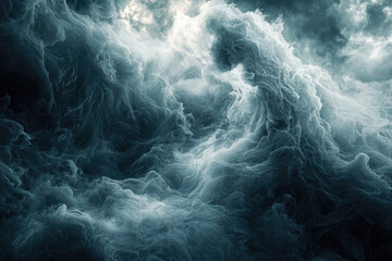 Abstract artwork depicting swirling, ethereal clouds in shades of teal and white against a dark background.