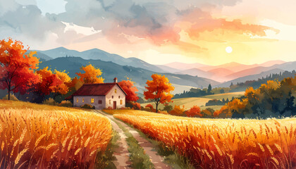 Peaceful rural road in sunset light. Autumn village in golden wheat fields. Sunset over peaceful countryside view. Wheat field road leading to village. Quiet countryside path with sunset glow