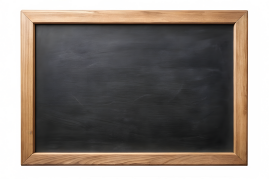 Empty chalkboard with a piece of chalk on the bottom right corner, isolated on a transparent background