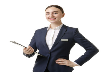 Hostess in uniform with clipboard on white background