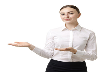 Portrait of hostess in uniform on white background