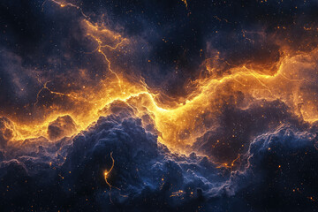 Fototapeta premium A breathtaking cosmic landscape of swirling nebulae and vibrant, golden energy streams across a dark, starry expanse.