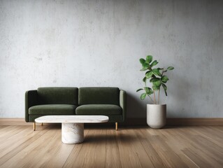 Modern living room interior with a deep green sofa and marble coffee table.