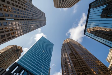 Obraz premium Soaring modern skyscrapers reaching towards a bright blue sky with fluffy white clouds