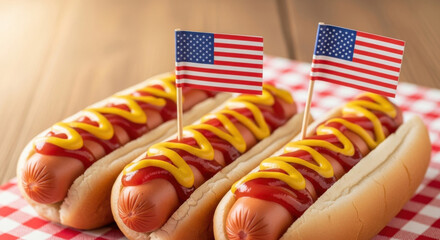 Three delicious hot dogs with ketchup and mustard topped with american flags on a checkered cloth