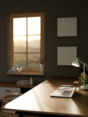 Laptop with clipboard and coffee aside lamp on wooden working table in a living room or study room.
