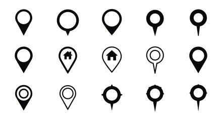 Collection of various black and white location pin icons for navigation and mapping applications