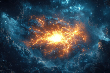 A vibrant cosmic explosion, fiery energy bursts from a nebula's heart, illuminating the dark expanse of space.