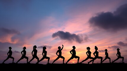 Outdoor fitness bootcamp participants stretching at sunrise silhouette forms drawn against pastel sky background