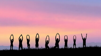 Outdoor fitness bootcamp participants stretching at sunrise silhouette forms drawn against pastel sky background