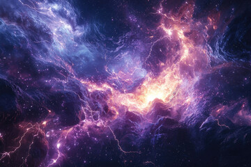 Obraz premium A vibrant nebula with swirling clouds of purple, blue, and orange, illuminated by streaks of lightning.