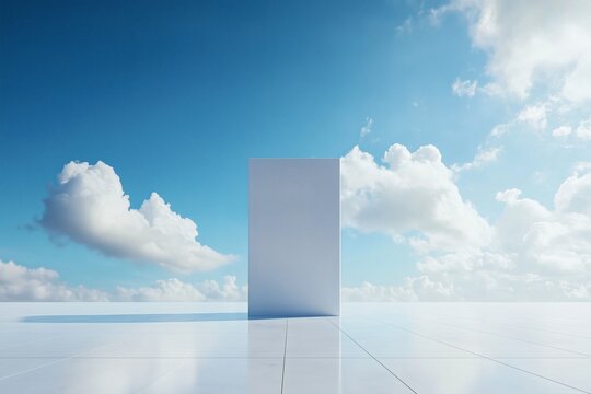 Minimalist architecture frames a serene blue sky dotted with fluffy clouds, offering a tranquil and modern aesthetic.