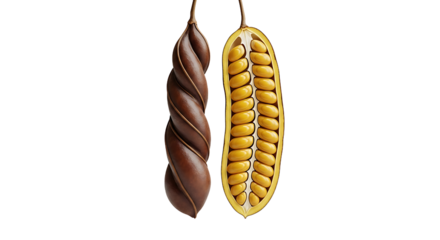 Detailed CloseUp of Twisted Seed Pod and Open Pod Revealing Seeds.