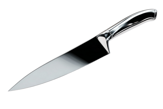 A shiny silver knife is shown in a white background