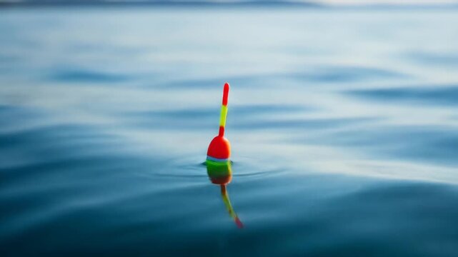 Bright fishing float bobbing on the calm blue water surface with gentle morning ripples
