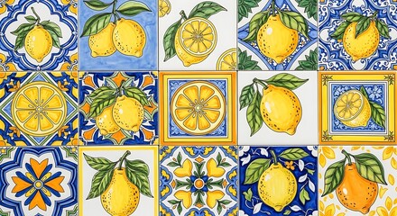 Decorative ceramic tile pattern featuring lemons and floral designs.
