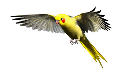 Colorful parakeet flying with wings spread, transparent bg