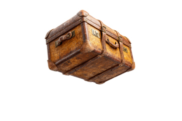 A brown suitcase is floating in the air