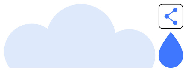 Blue cloud, drop-shaped water element, connection icon representing data sharing, cloud computing, and sustainability. Ideal for technology, environment, cloud storage, ecology innovation