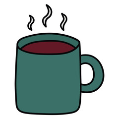 Hand-drawn cartoon green mug of coffee with steam on a white background.