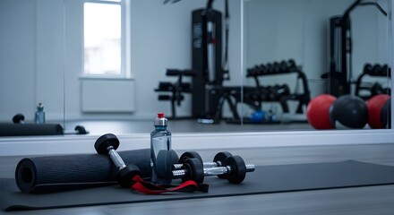 Fitness Equipment Laid Out On A Mat In A Gym With Weights And Foam Roller Ready For A Workout Session