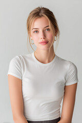 Fototapeta premium A beautiful female model wearing a small white t-shirt. A product shot for fashion and apparel. best use for mockup.