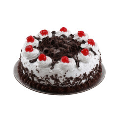 Round black forest cake with whipped cream and cherries