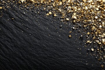 Glittering gold particles on black sand texture