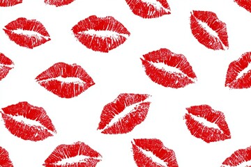 Pattern of red lipstick kiss marks on white background