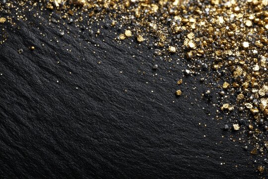 Glittering gold particles on black sand texture