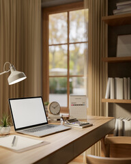 White screen laptop with clock and calculator aside lamp on wooden table and bookshelf in living room.