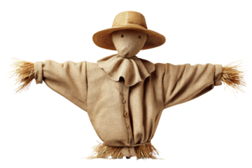 A scarecrow with a straw hat and a straw vest