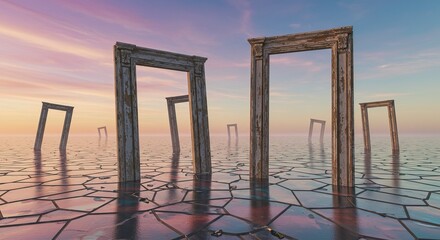 Ethereal gateways open to possibilities, dreamlike horizon with old doors offer escape and wonder