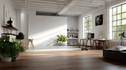 Fototapeta premium Modern Minimalist Living Room with Wood Floors and White Walls