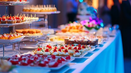 Party food catering setup with colorful dishes desserts and drinks served at indoor wedding hall
