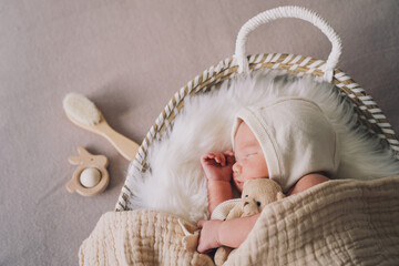 Sleeping newborn baby in basket wrapped in blanket in white fur background. Portrait of little...