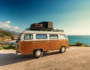 Holiday van with  luggage on beach, space for text. Summer vacation trip